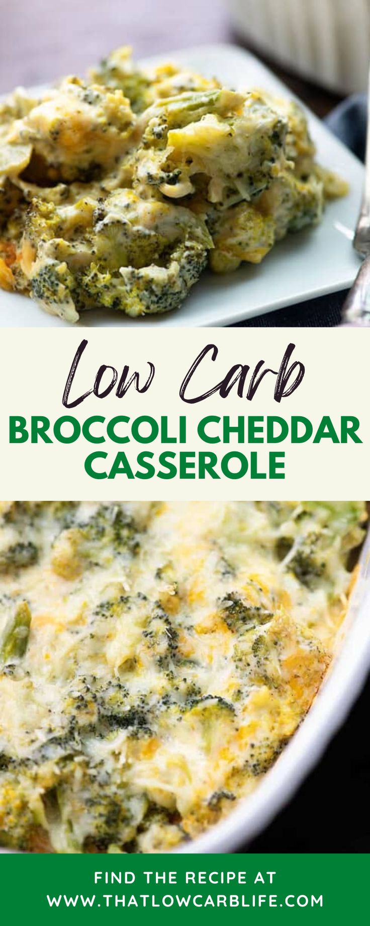 broccoli cheddar casserole with text overlay that reads low carb broccoli cheddar casserole