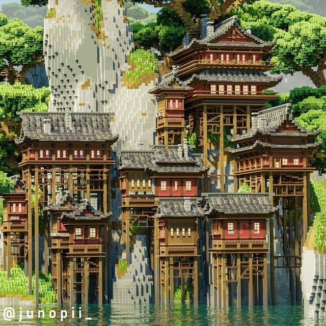 an artistic rendering of some buildings in the water with trees and rocks behind them,