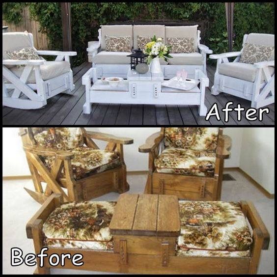 before and after photos of an outdoor furniture makeover