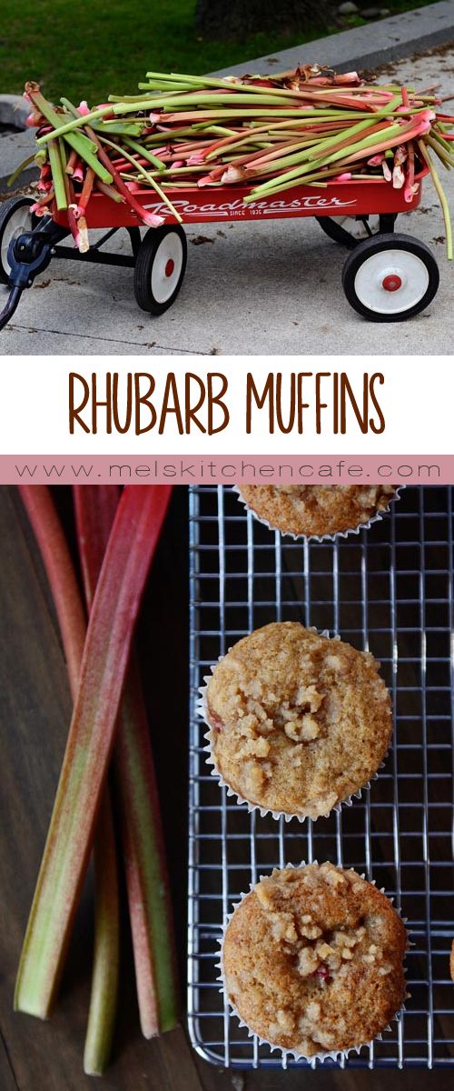 rhubarb muffins on a wire rack with radishes