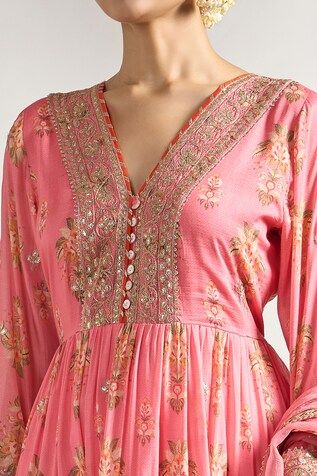 Pink anarkali with flower print and gota patti embroidery. Paired with churidar and dupatta. - Aza Fashions Transitional Anarkali Kurta With Floral Print, Pink Anarkali Set With Floral Print And Traditional Drape, Anarkali Set With Floral Embroidery For Navratri, Floral Embroidered Anarkali Set For Navratri, Floral Embroidery Anarkali Set For Navratri, Wedding Anarkali Set With Printed Motifs For Navratri, Printed Motifs Anarkali Set For Diwali Reception, Anarkali Set With Printed Motifs For Diwali Reception, Traditional Wear With Printed Motifs For Navratri Reception