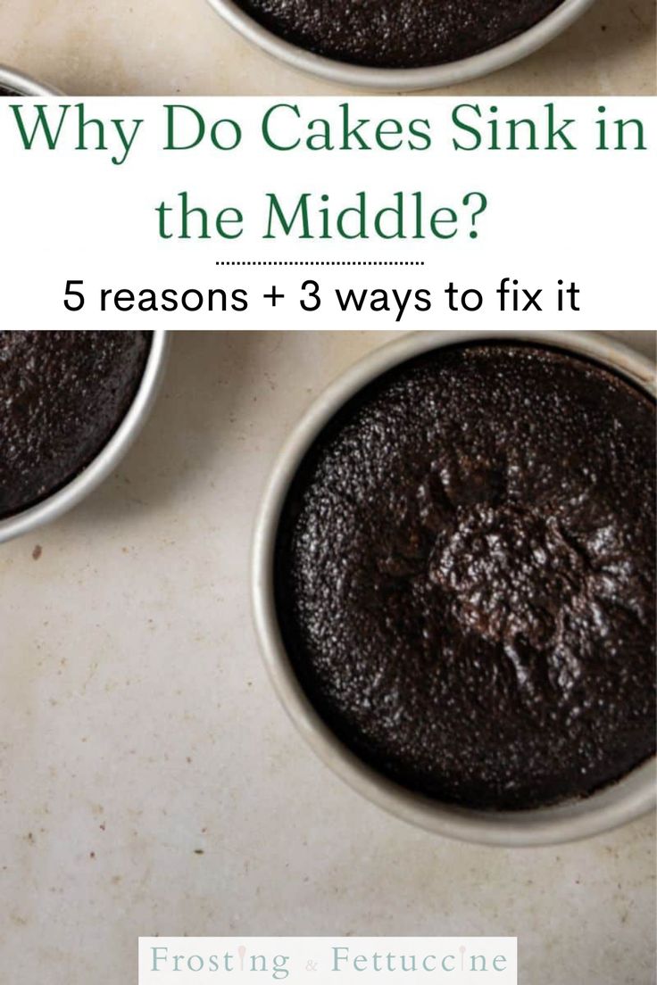 three white bowls filled with brownies and the words why do cakes sink in the middle?