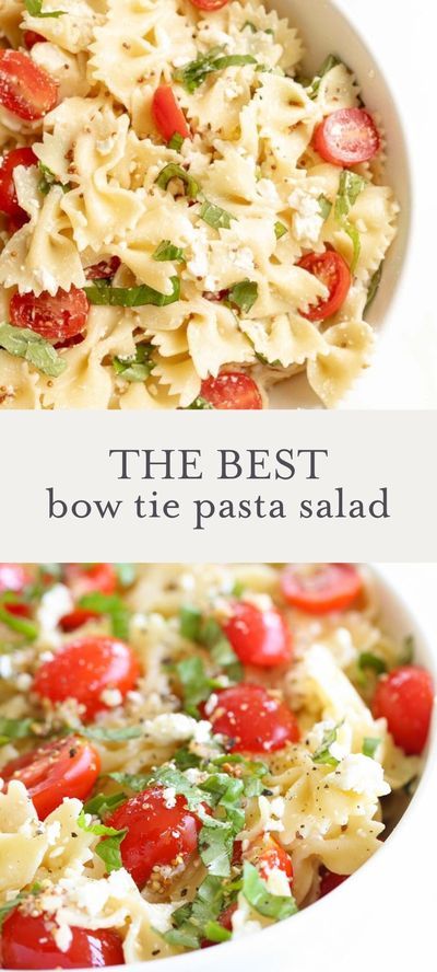 pasta salad with tomatoes and parmesan cheese in a white bowl on the side