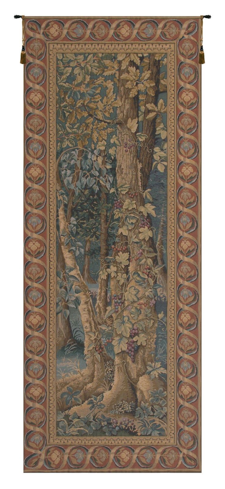 a tapestry hanging on the wall with trees and flowers in it's center,