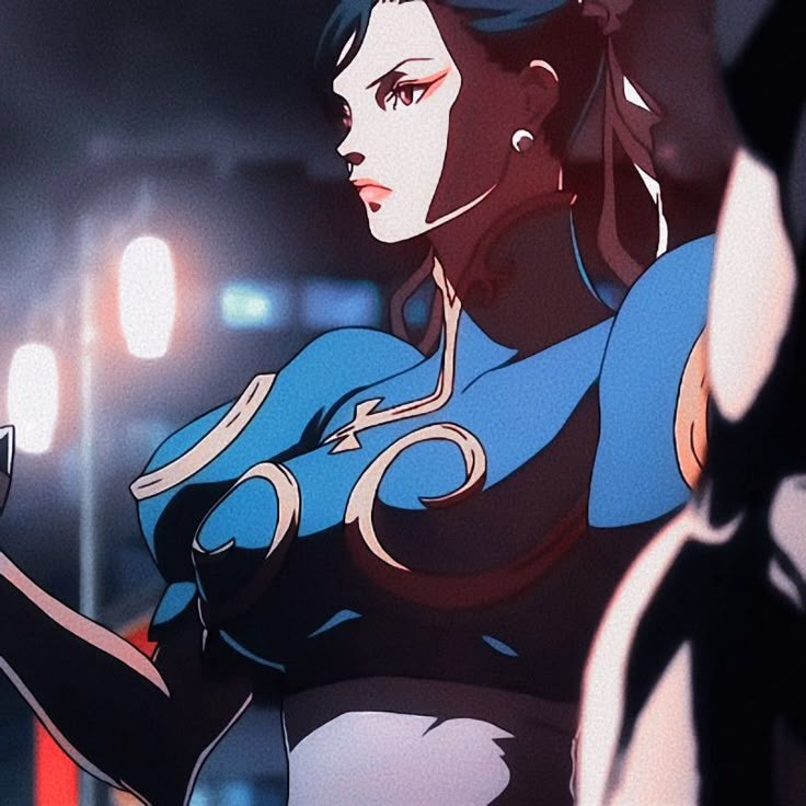 an animated woman with black hair and blue eyes standing in front of a building at night