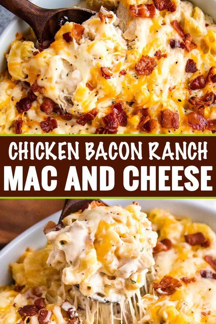 chicken bacon ranch macaroni and cheese in a white casserole dish