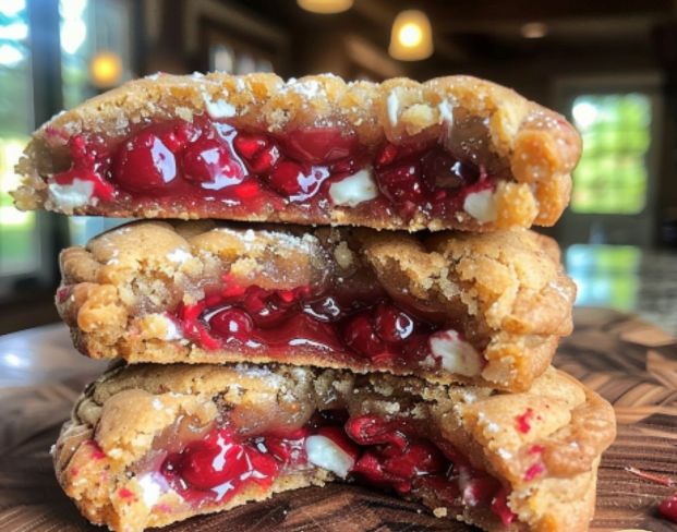 three cookies stacked on top of each other with cherries and white chocolate in the middle