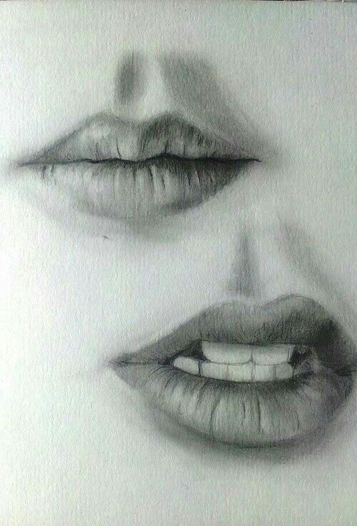 pencil drawing of two women's lips and one has teeth on the other side