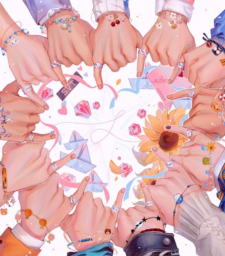 several people holding their hands together in the middle of a circle with flowers on it