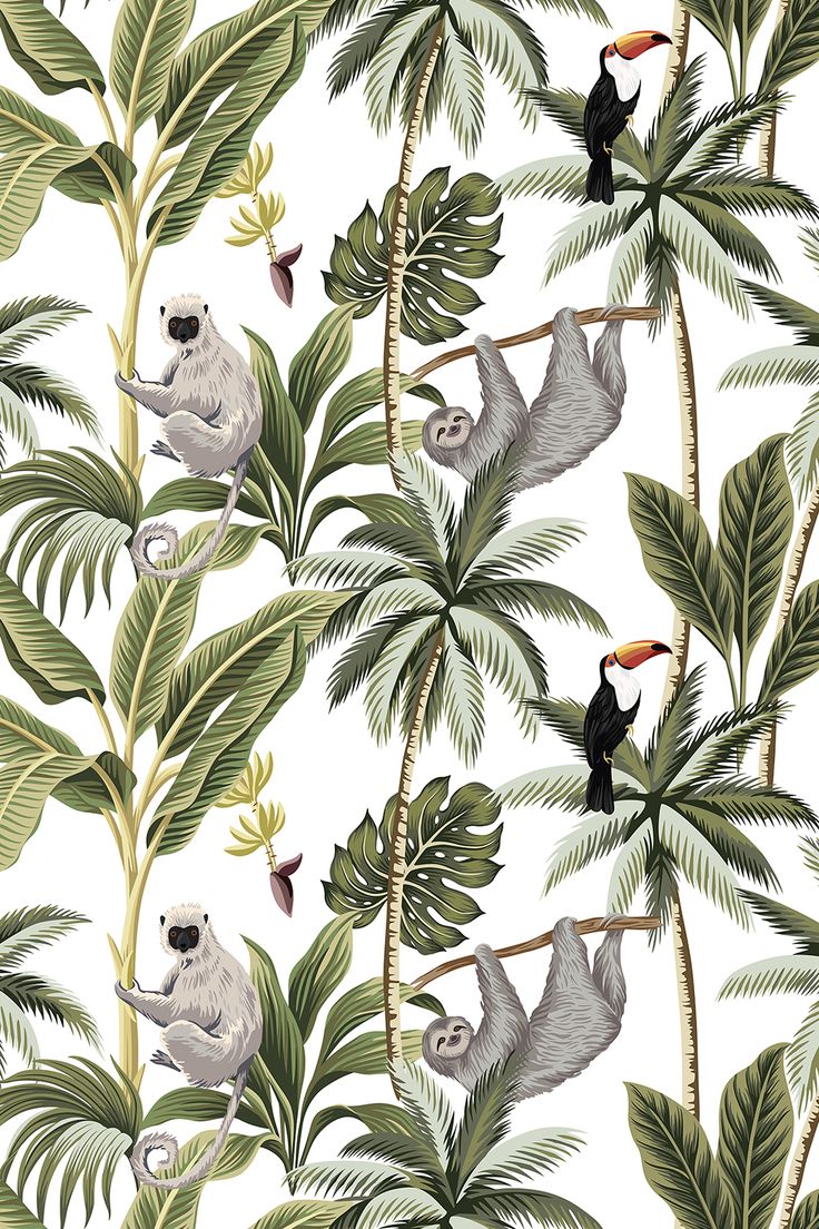 a pattern with sloths and leaves on a white background