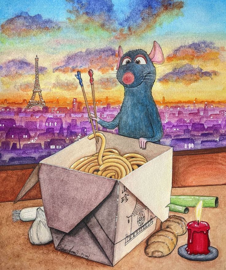 a drawing of a rat sitting in an open box with noodles and chopsticks