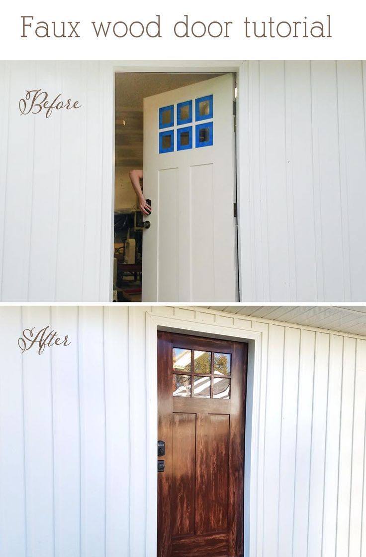 the before and after shots of a wood door that has been painted white with blue trim