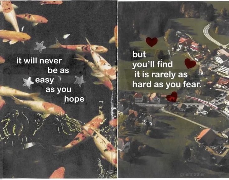 an aerial view of a city with fish swimming in the water and words written on it that read, but you'll find it as easy as hard as you hope