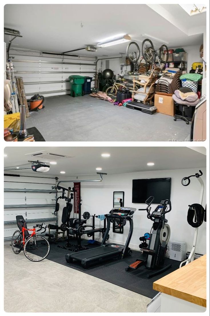 there are two pictures of the inside of a garage with bikes and other things in it