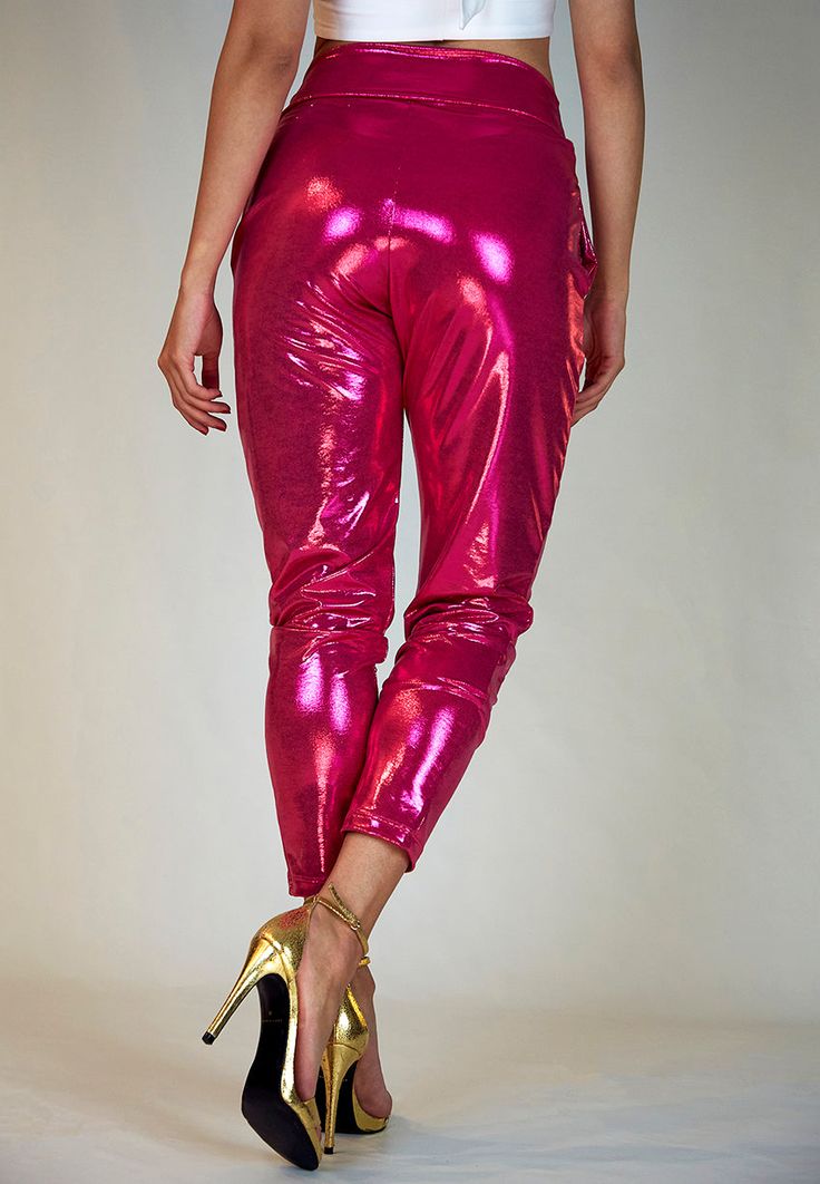 Hot pink is in. Whether you feel 70s Go-go or just candy fun, you are going to rock it in these pants. Pair them with black or white and a touch of gold. Glam, versatile, casual, chic. Our metallic slouched pants sit comfortably at mid waist. You may style them higher or lower as you please. They are roomy from the waist through the thighs and trimmed to the bottom. And yes, they have pockets. The fabric has a shimmering metallic shine while being breathable and soft to the touch. So soothing an Slouch Pants, Boyfriend Pants, Hip Stretches, Gold Glam, Best Candy, Boyfriend Style, Touch Of Gold, Classic Looks, Casual Chic