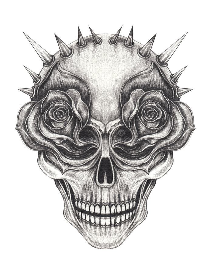 a drawing of a skull with spikes and roses on it's head, done in pencil