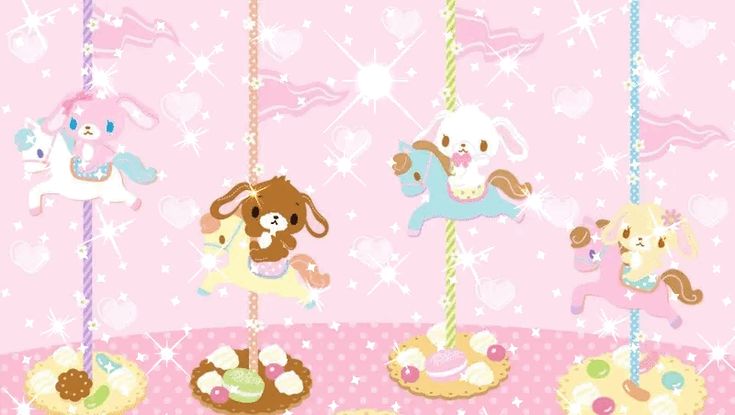 a pink wallpaper with carousels, bunnies and stuffed animals on the ropes