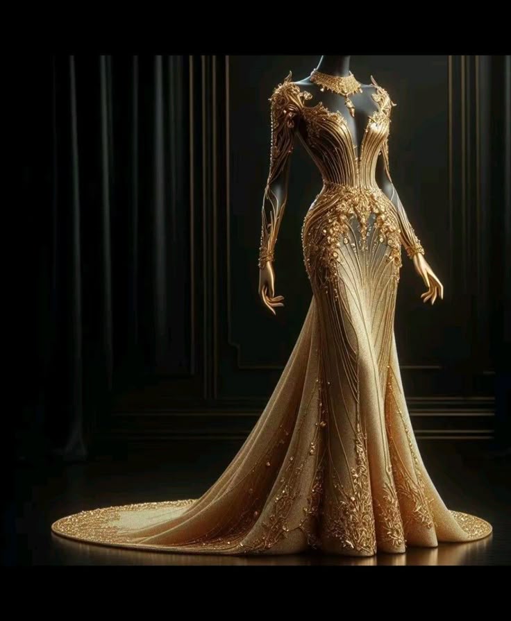 Royal Dresses Fantasy, Gold Fantasy Dress, جورج حبيقة, Chic Outfits Edgy, Extravagant Outfits, Golden Globes Red Carpet, Golden Dress, Royal Dresses, Goddess Dress