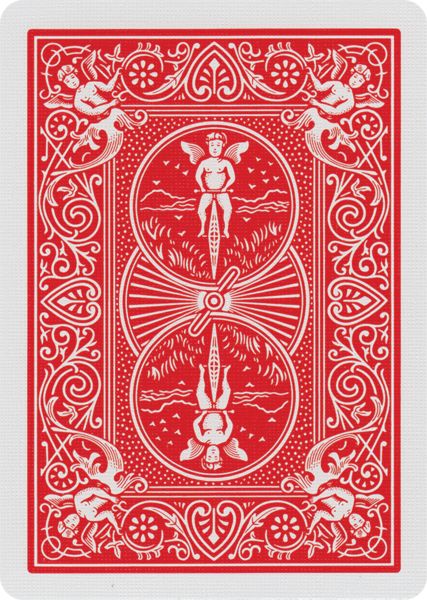 a red and white playing card with angels on the front, surrounded by ornate designs