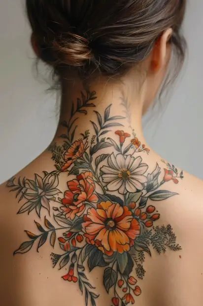 the back of a woman's neck with flowers and leaves tattooed on her body