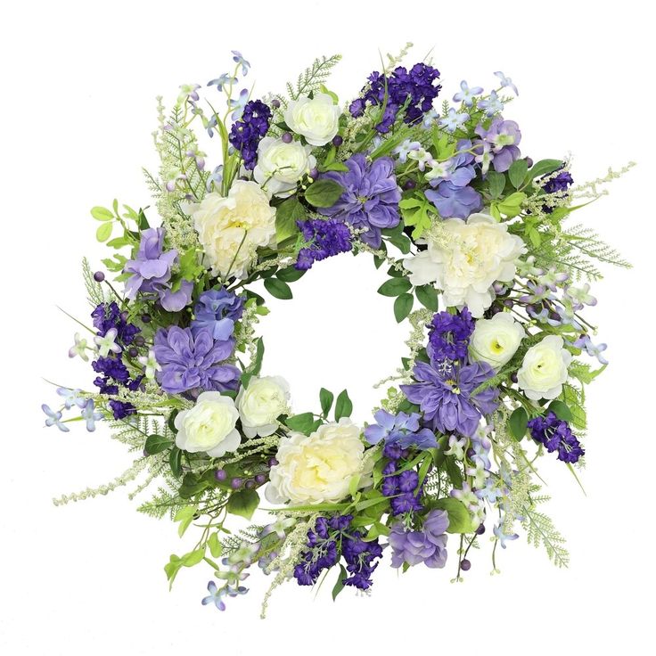 a wreath with blue and white flowers on it