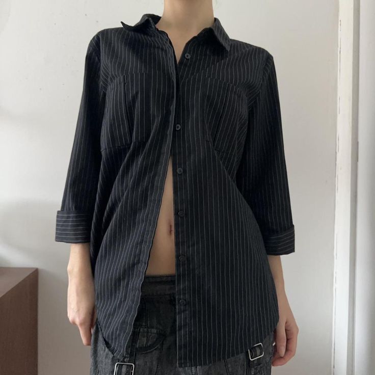 Vintage 90s black pinstripe button down with three... - Depop Black Oversized Button Up Shirt Outfit, Pinstripe Shirt, Quarter Sleeve, Three Quarter Sleeves, Vintage 90s, Three Quarter, Christmas List, Button Downs, Button Up