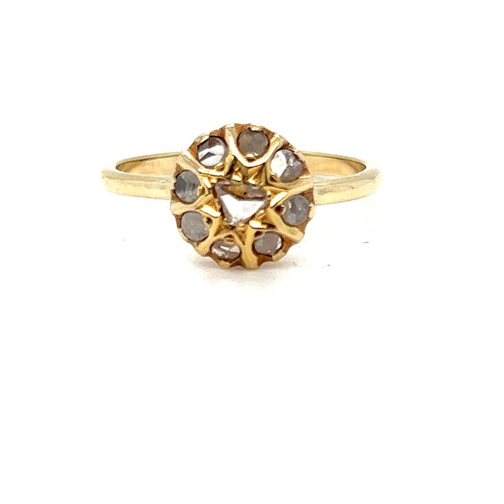 This Lovely Antique Diamond Cluster Engagement Ring is just so pretty! The design is basically the antique version of a Halo Ring - with a center diamond surrounded by more diamonds! Crafted in 14K Yellow Gold, the ring is set with 9 Old Rose Cut Diamonds, totaling approximately 0.44ct, of J/SI1 quality.  So pretty!   Other Important Details:  The ring is a Size 6.25.  The ring is stamped 14K, but and been tested to be 14K Gold.  The ring weighs 1.7 grams. The cluster is 9.3mm wide at the widest point.  The total carat weight for this piece is approximately 0.44ct.  Sizing and Engraving available for an additional charge. Please contact me for an estimate. All our items have been fully inspected for authenticity and condition by a GIA Graduate Gemologist.  To see more carefully selected Vi Diamond Cluster Engagement Ring, Cluster Engagement Ring, Old Rose, Antique Diamond, Vintage Engagement, Halo Ring, Halo Rings, Diamond Cluster, Rose Cut Diamond