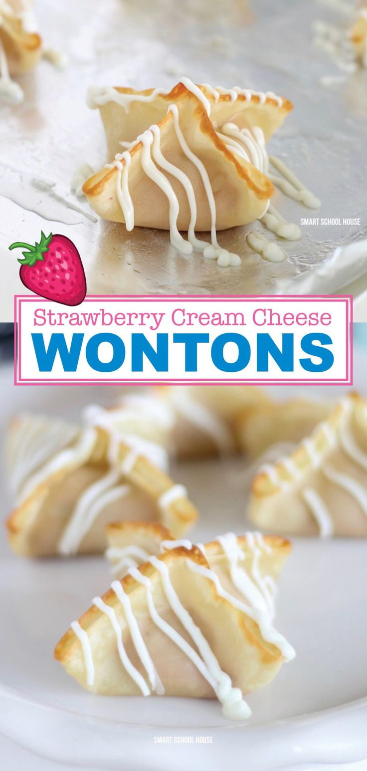 strawberry cream cheese wontons on a white plate with the title overlaying