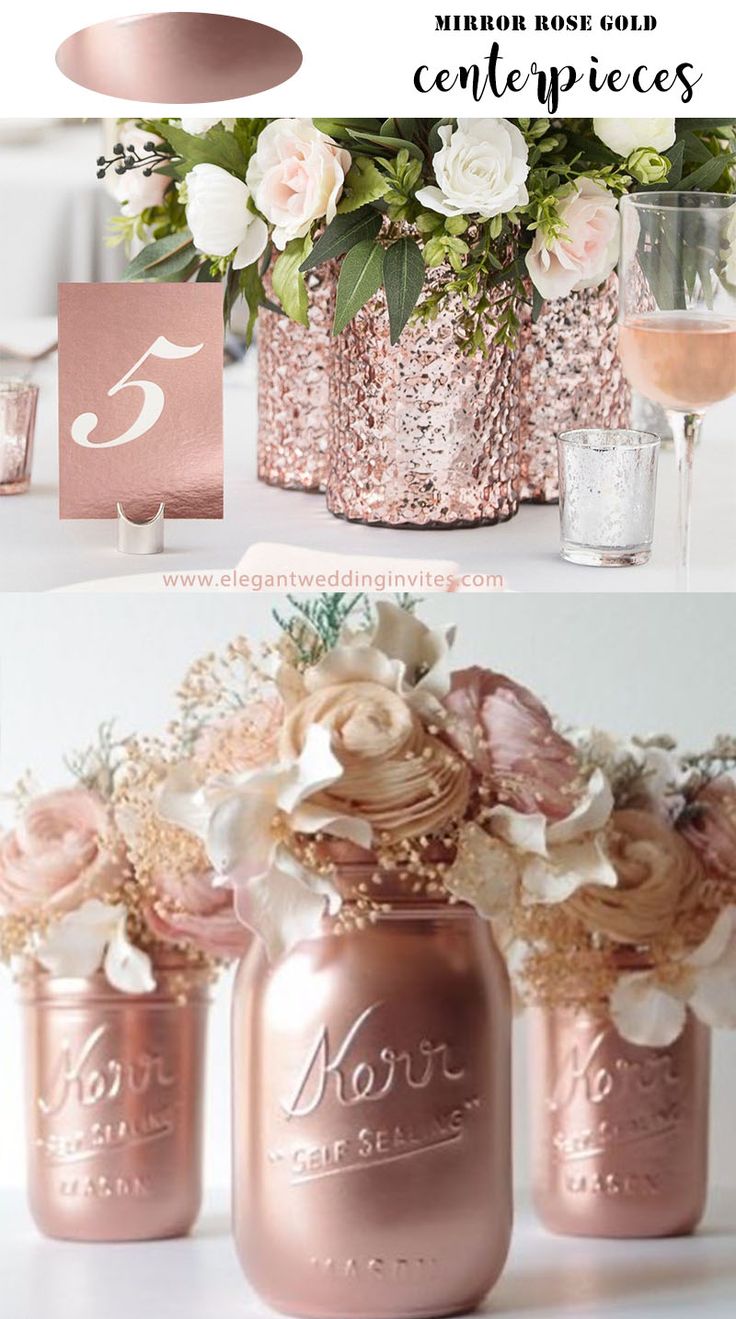 pink and gold wedding centerpieces with flowers in them