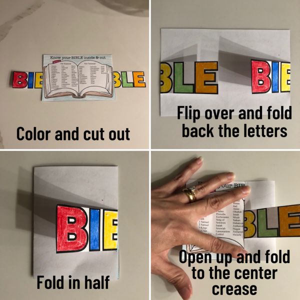 four different pictures showing how to fold an open book with the words bible and flip over and fold back the letters