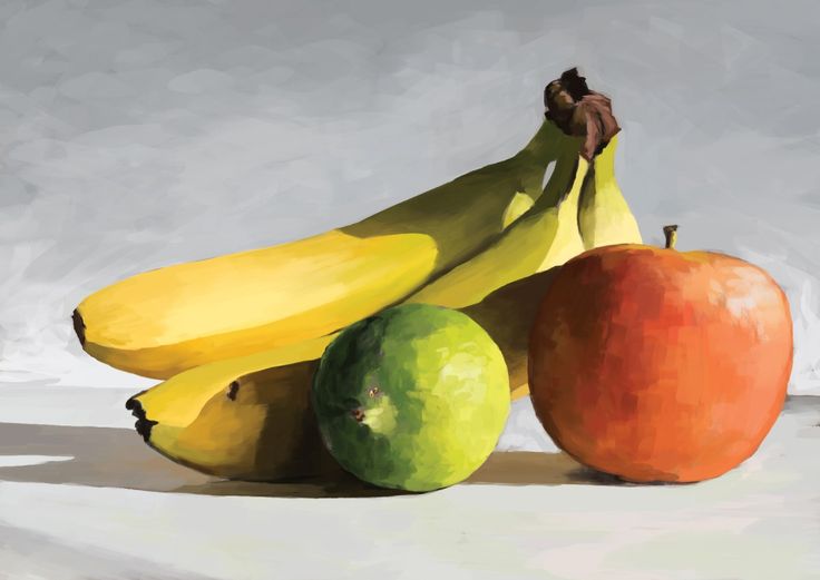 a painting of bananas, apples and an orange