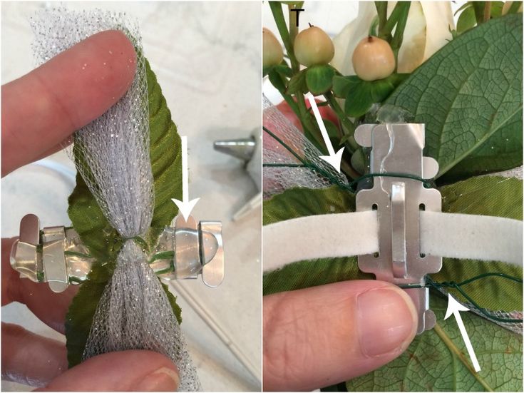 two images show the process of making a flower arrangement with ribbon and wire, while another shows how to tie it together