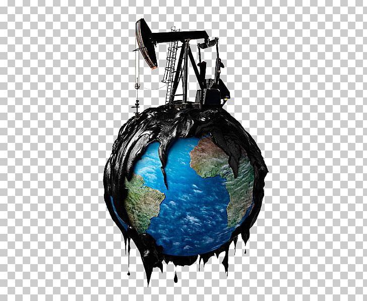 an oil well with dripping paint on it and the earth in the foreground, against a white background