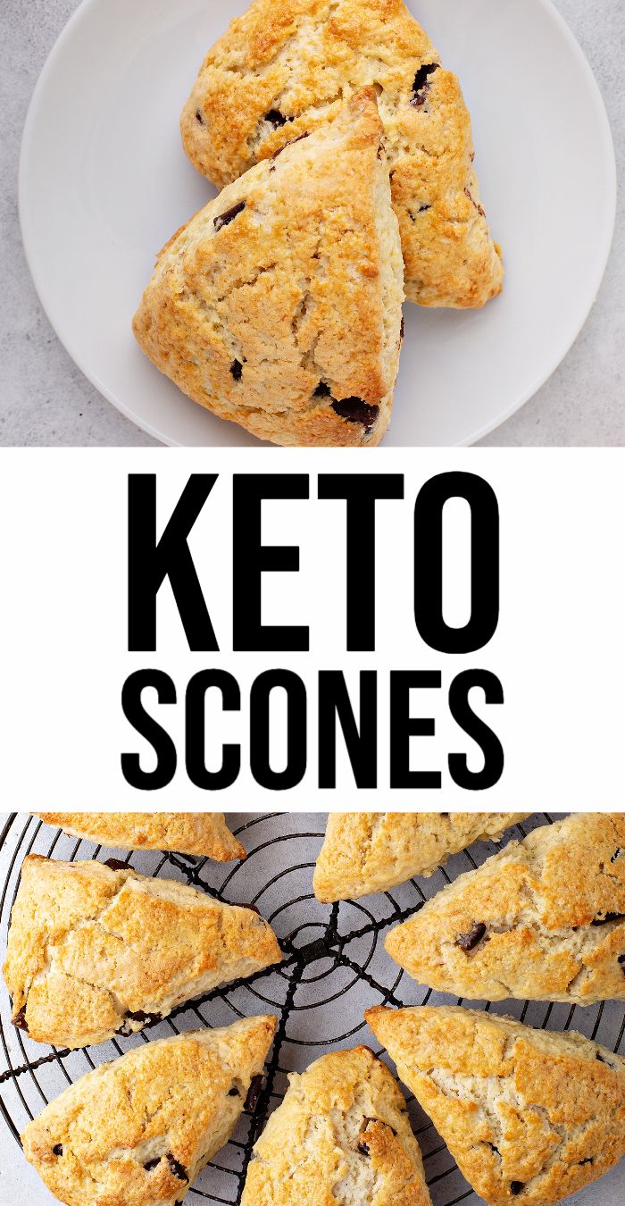 keto scones on a white plate with text overlay