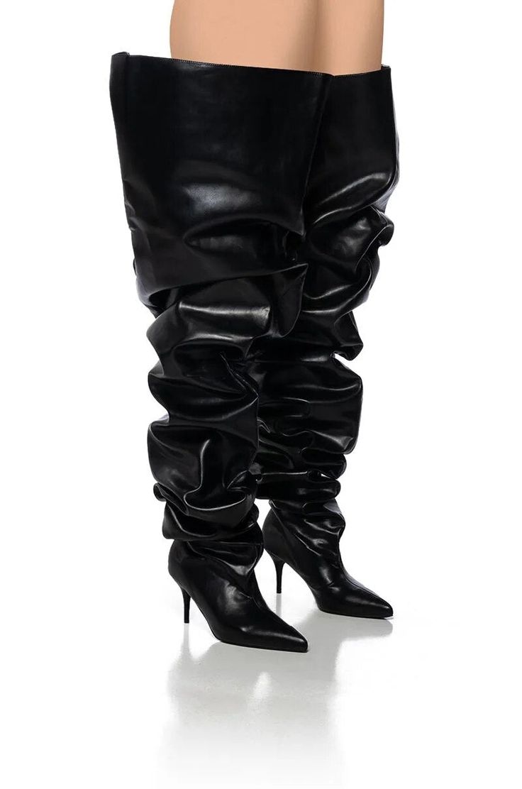 Wide Calf Synthetic Knee-high Boots For Party, Scrunch Boots, Black Thigh Boots, Long Leather Boots, Fur Bucket, Black Kitten Heels, Baby Graphic Tees, Womens Stilettos, Love And Co