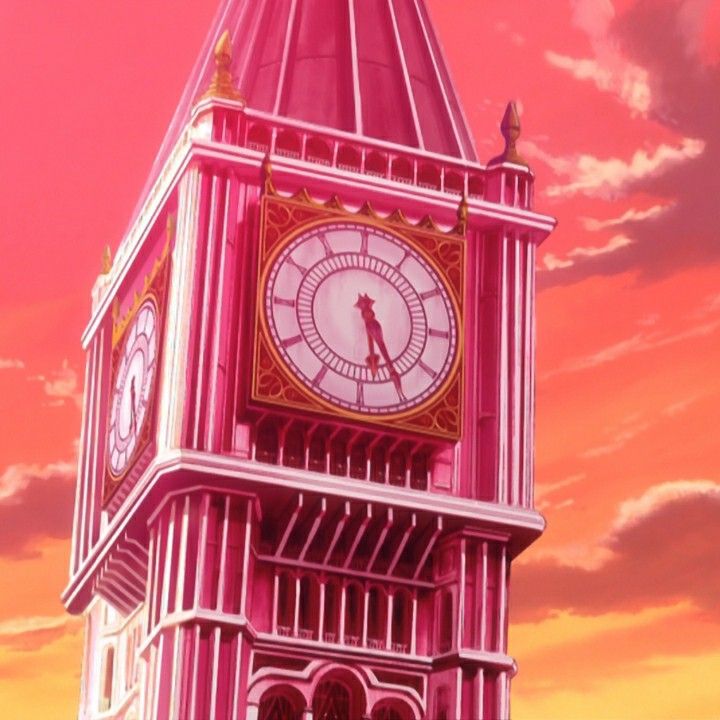 a large pink clock tower in the middle of a sunset sky with clouds behind it