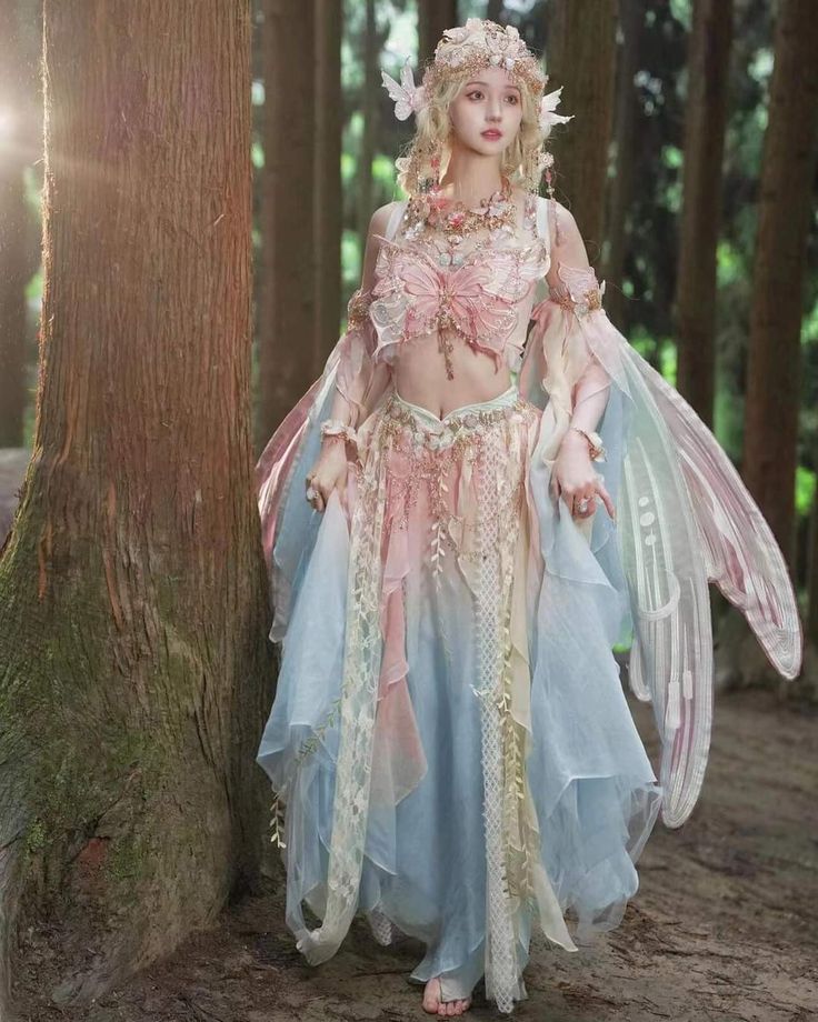 Dunhuang Hanfu, Fairy Aesthetic Outfit, Fairycore Butterfly, Blue Headpiece, Handkerchief Hem Skirt, Fairy Photoshoot, Coldplay Concert, Fairy Outfit, Fairy Dresses