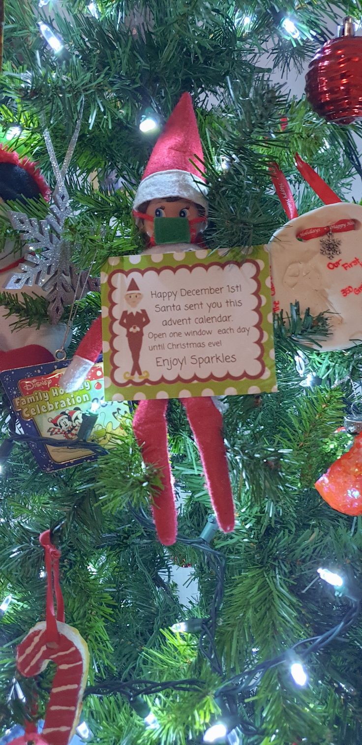 an elf ornament hanging on a christmas tree