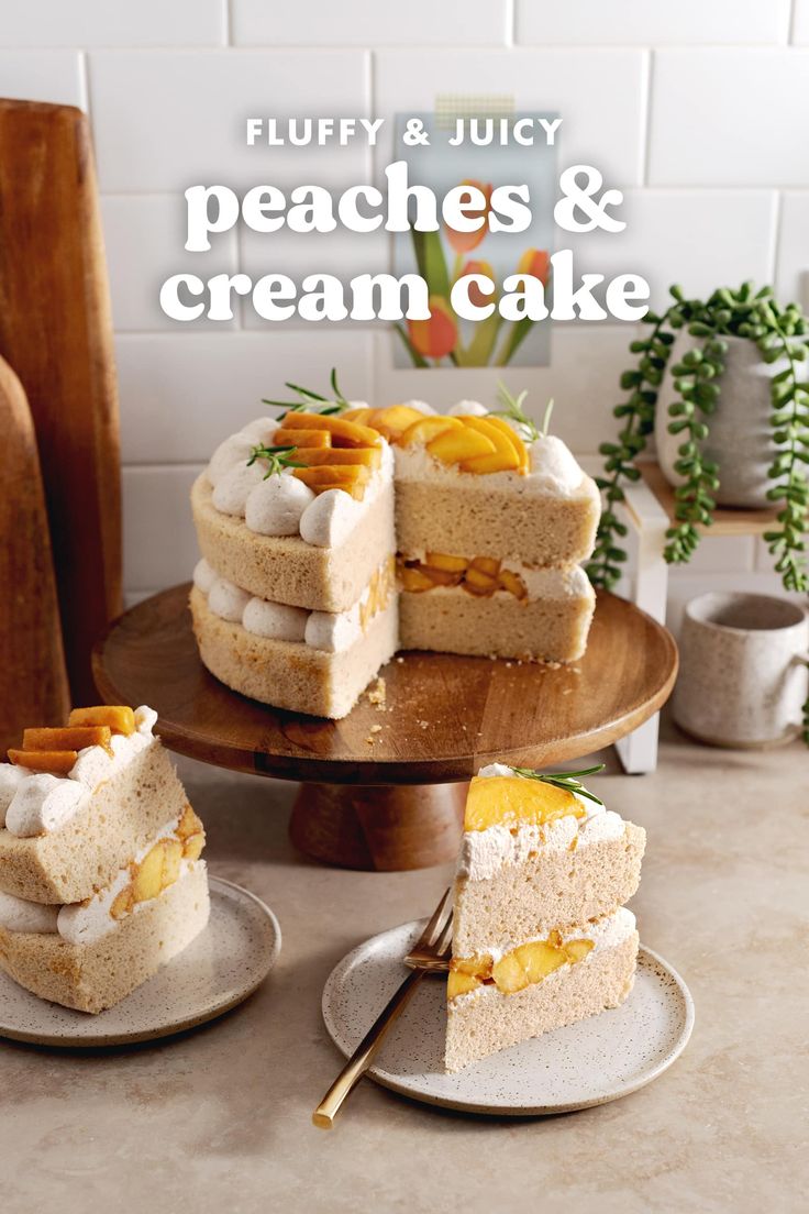 there is a cake that has been cut in half and stacked on plates with the words fluffy & juicy peaches and cream cake