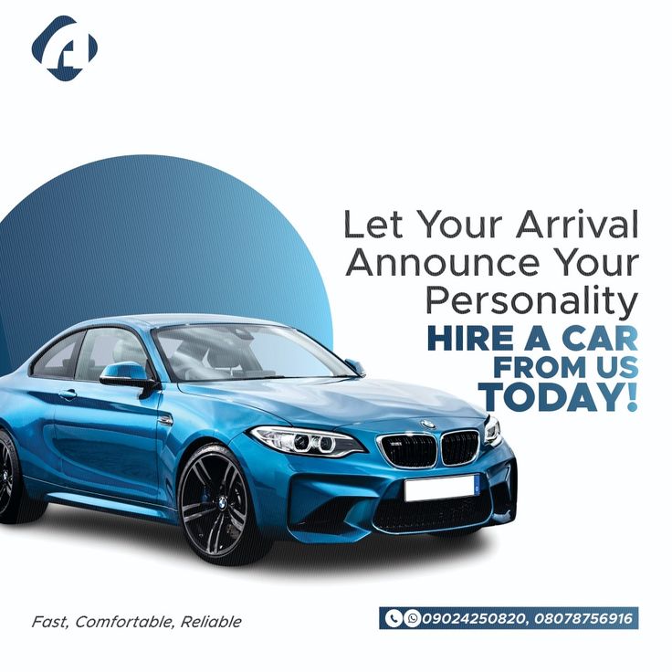 a blue bmw car with the words, let your arrival announcement your personality hire a car from us today