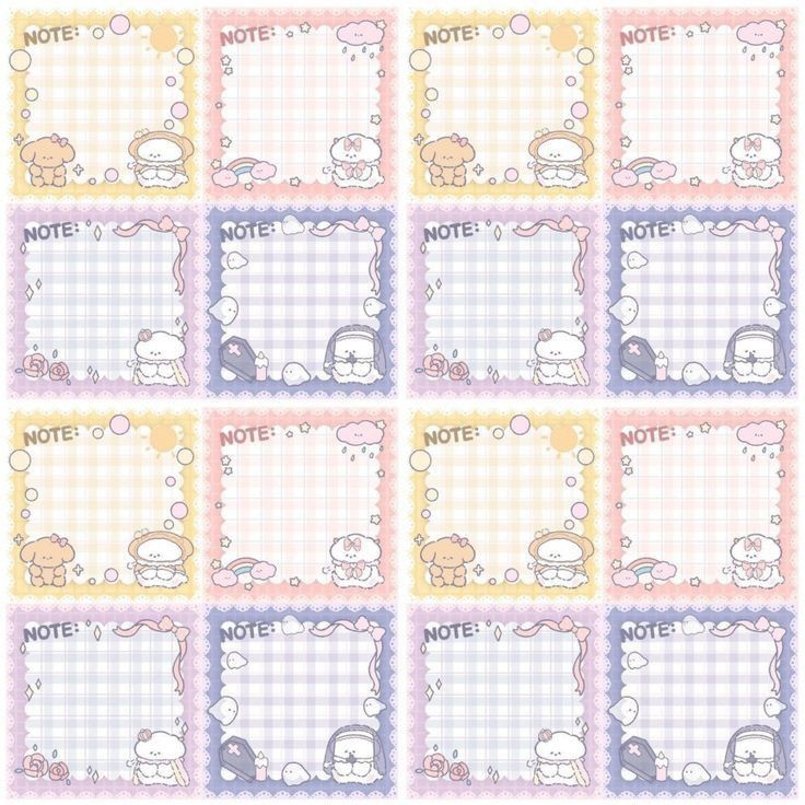 a set of nine note cards with cartoon animals and clouds in pastel pink, yellow and blue