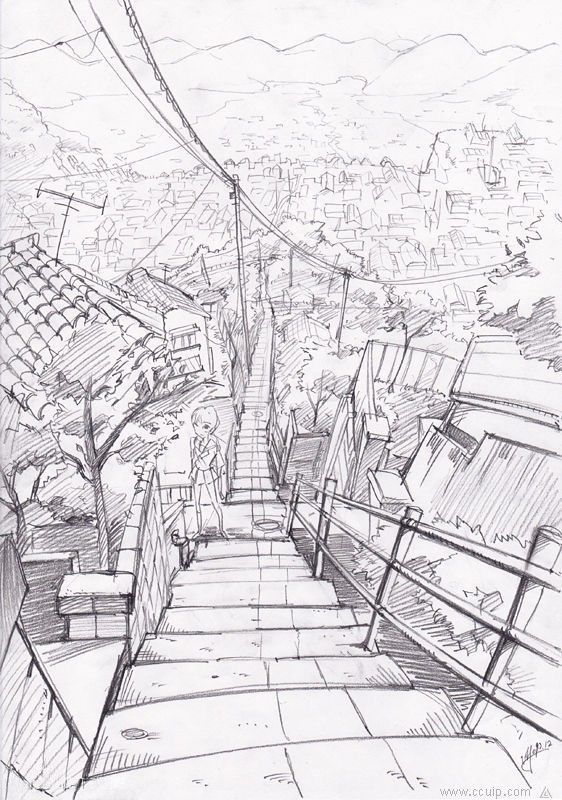 a pencil drawing of stairs leading up to the top of a hill with buildings in the background