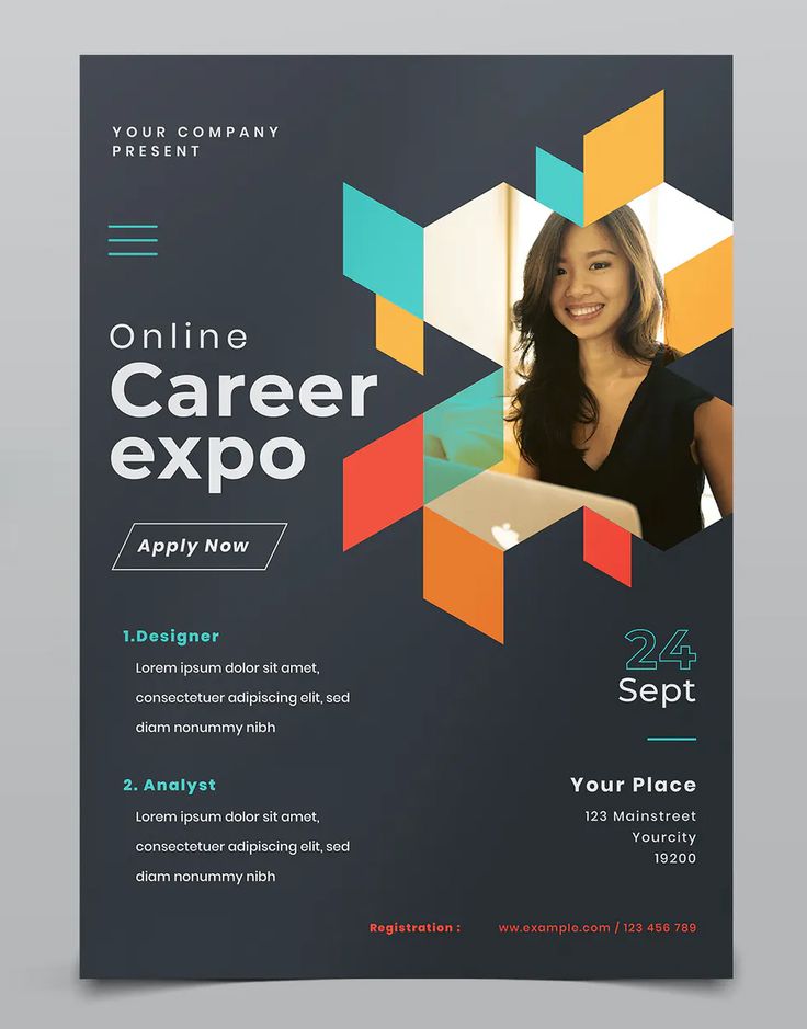 a flyer for a career expo with an image of a woman smiling and holding a laptop