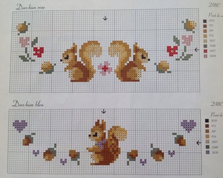 two cross - stitch pictures of squirrels and flowers