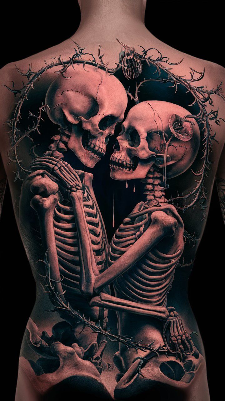 a man's back with two skeleton tattoos on it