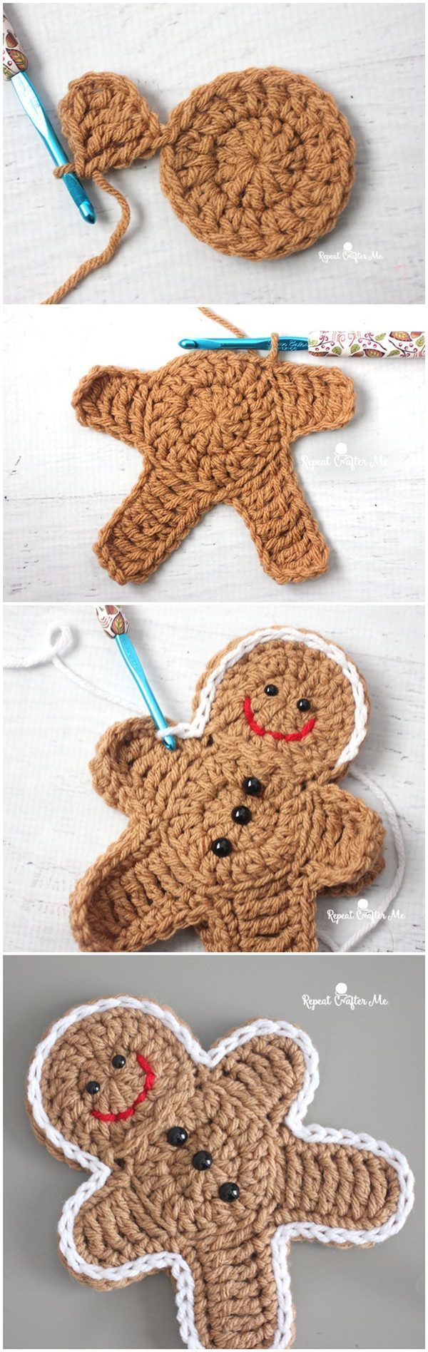 crocheted ginger ornament is shown in three different stages to make it look like