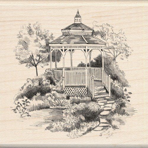 an ink drawing of a gazebo surrounded by trees and bushes with steps leading up to it