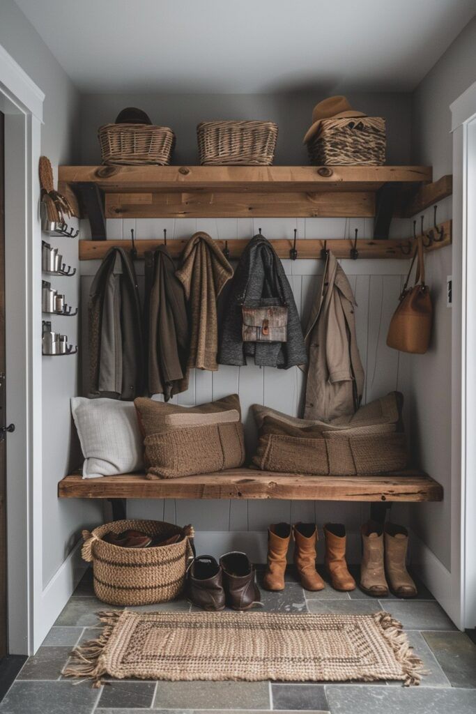 an entryway with lots of coats and boots hanging on the wall next to it