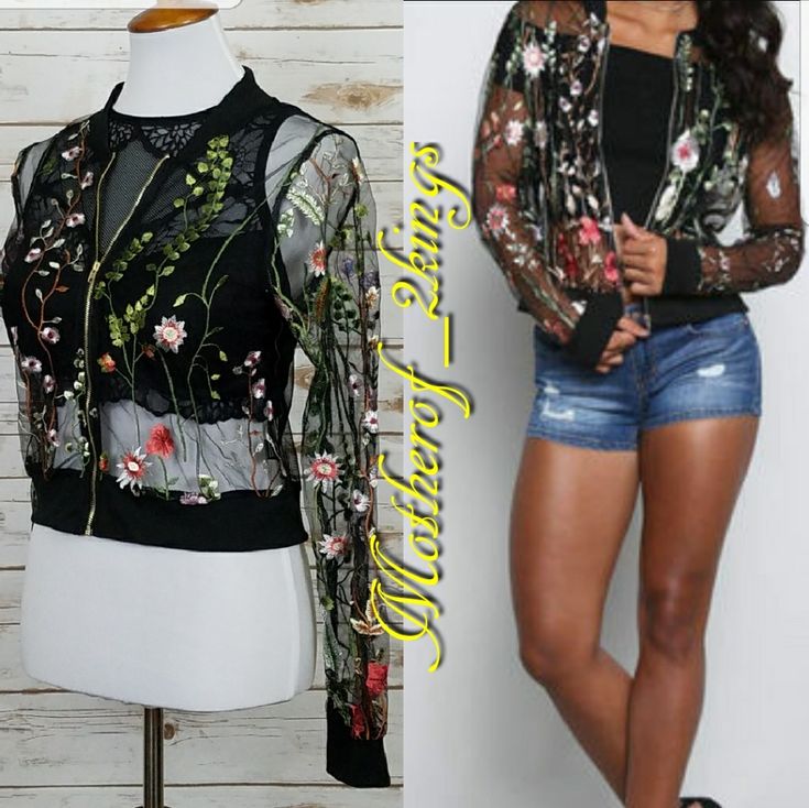 This Sheer Floral Bomber Jacket Is Just That...The Bomb! I Am In With This Bomber! So Unique And Feminine! Looks Fab-U-Lous When Paired With Your Favorite Bralette, A Pair Distressed Jeans/Faux Leather Jeggings And A Pair Of Your Most Fierce Pointed Toe Pumps! Yasss!! 100% Polyester (No Stretch) (M) Bust (Armpit To Armpit): 18", Length: 19" (L) Bust (Armpit To Armpit): 20", Length: 20" All Measurements Taken Layed Flat. Black Summer Outerwear For Night Out, Spring Black Outerwear With Floral Embroidery, Black Summer Outerwear With Floral Embroidery, Black Floral Embroidered Summer Outerwear, Casual Stretch Outerwear For Parties, Black Floral Embroidered Outerwear For Summer, Casual Spring Outerwear For Night Out, Casual Outerwear For Night Out In Spring, Spring Party Outerwear With Floral Embroidery