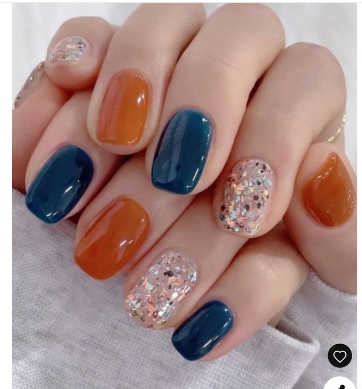 Dark Orange Nails Design, Dark Blue And Orange Nails, Blue And Orange Nail Ideas, Orange And Blue Nails Design, Navy And Orange Nails, Nails Orange And Blue, Blue And Orange Nails Designs, Orange Blue Nails, Blue Orange Nails